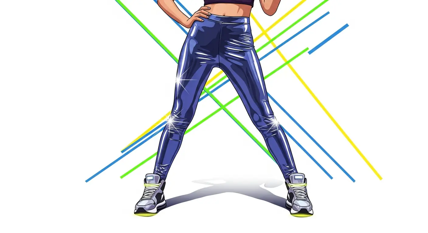 Render of legs in glossy blue leggings with sweeping motion lines on white.