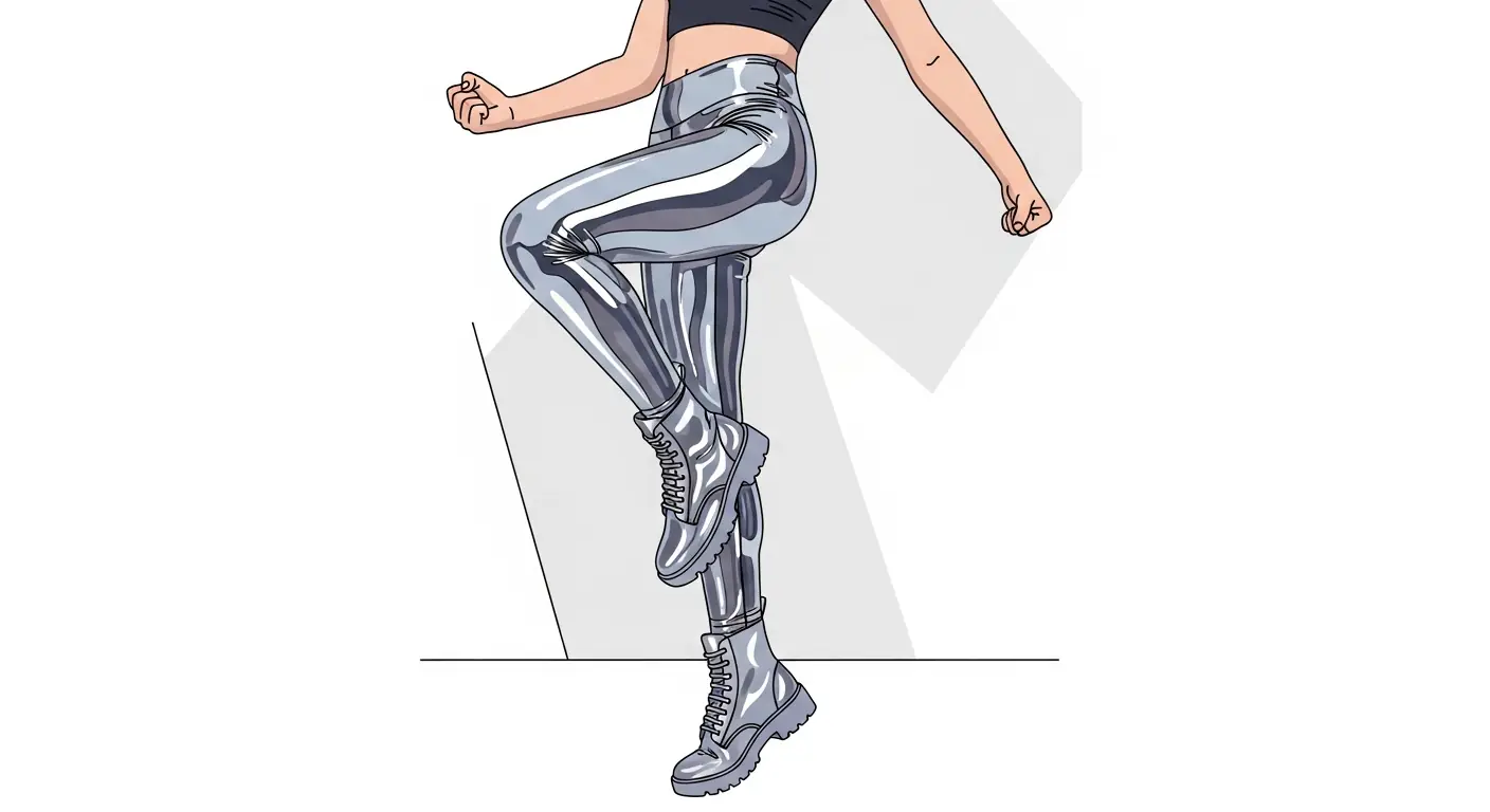 Minimal render of a seated figure in glossy leggings on a pale background.