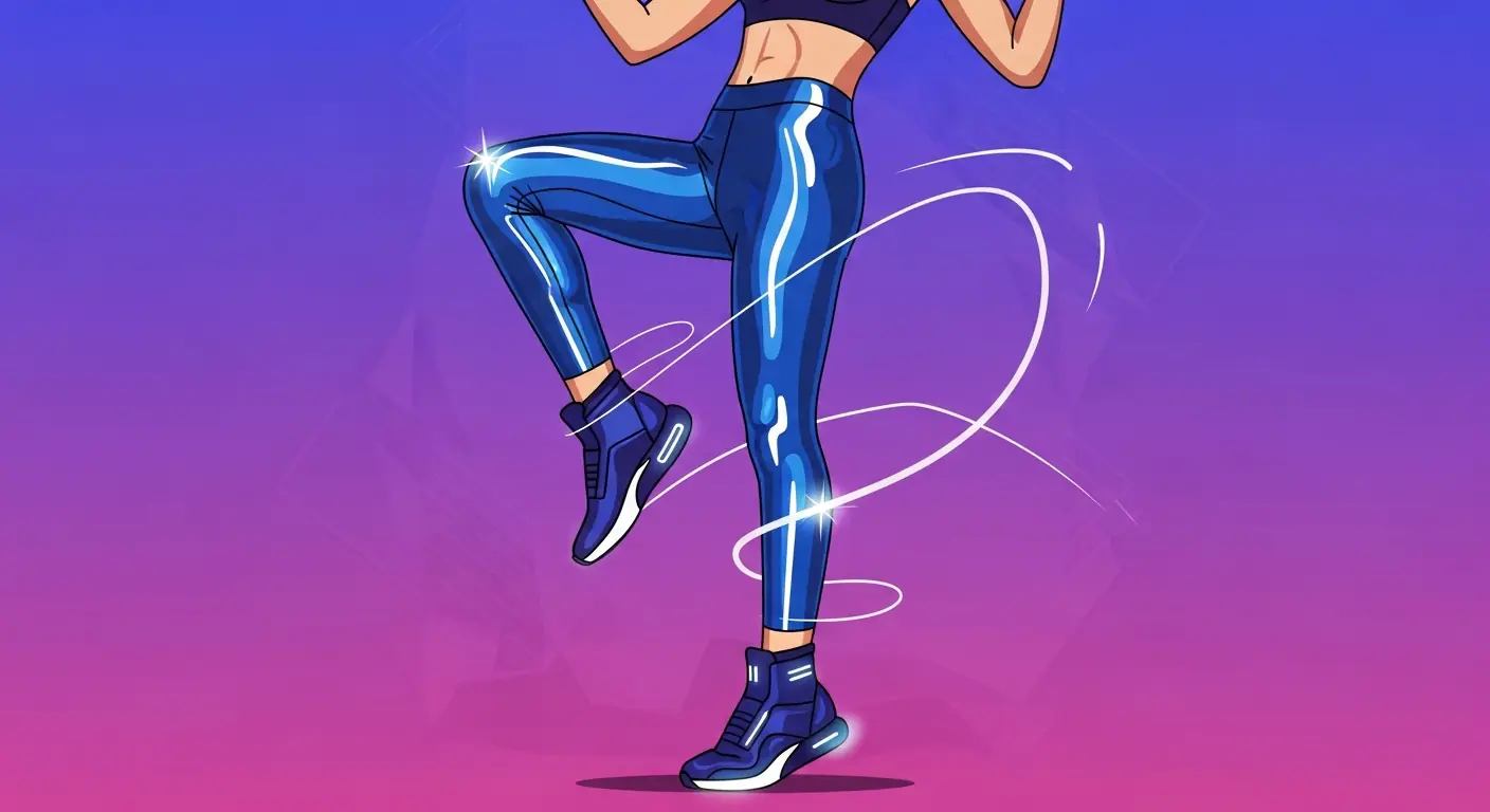 Stylised render of a figure in shiny blue leggings leaping against a violet gradient.