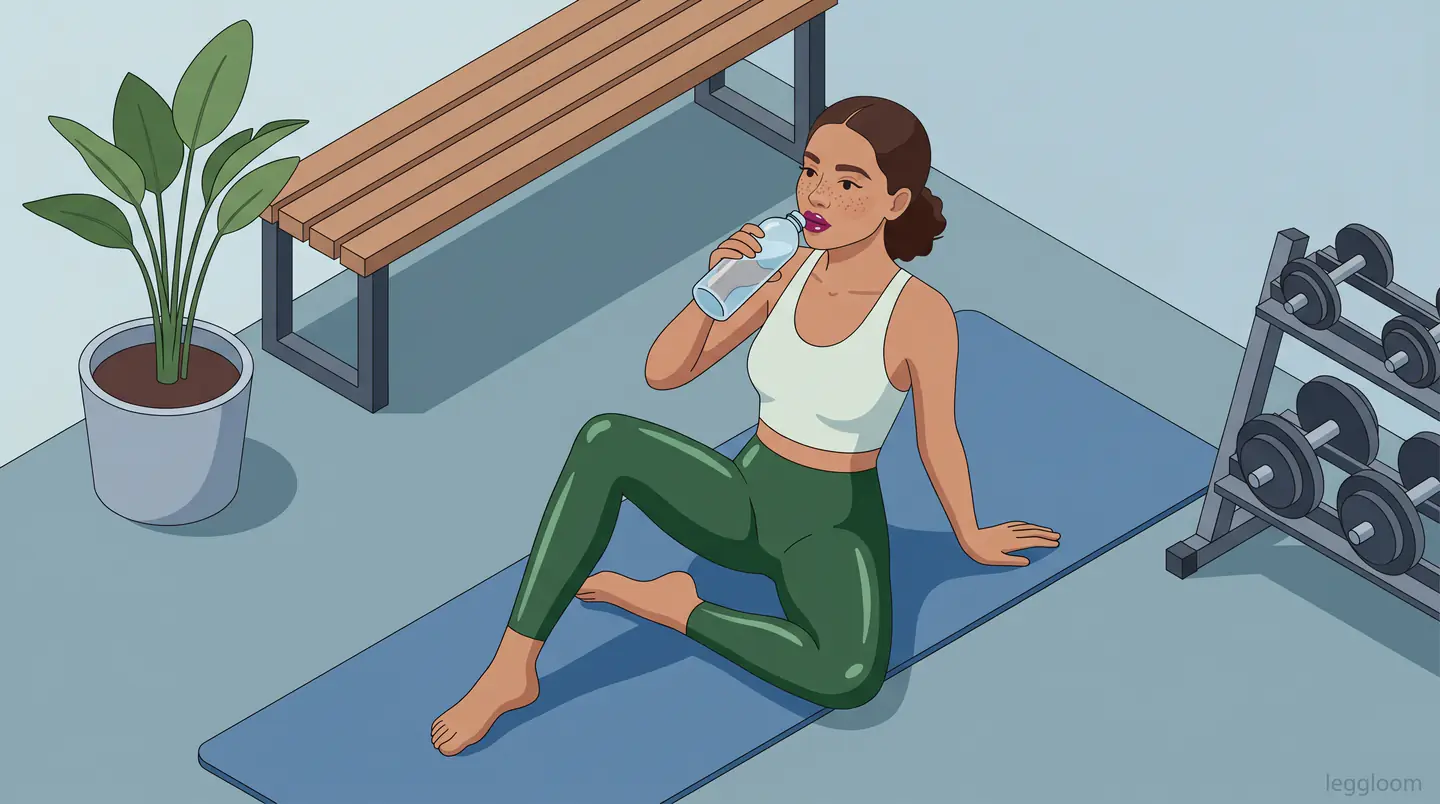 Illustration of a woman stretching on a gym mat beside a potted plant.