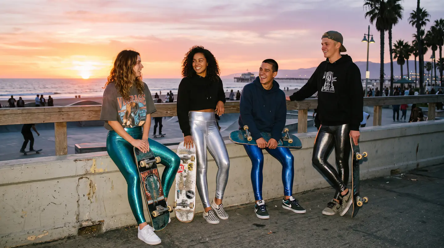 Four friends in activewear sitting on a beachfront wall at sunset.