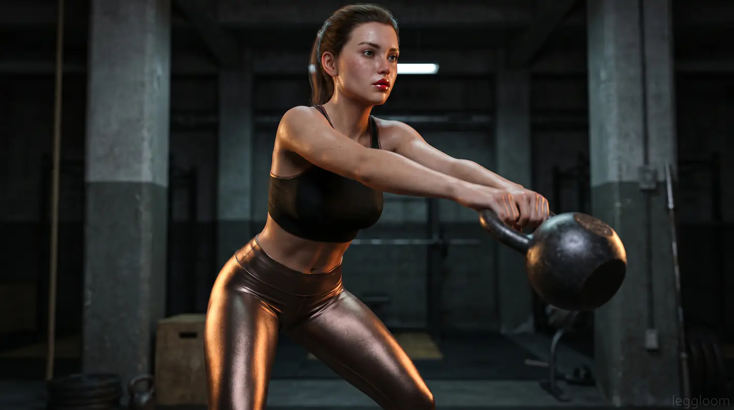 Woman lifting a kettlebell in a gym under dramatic side light.