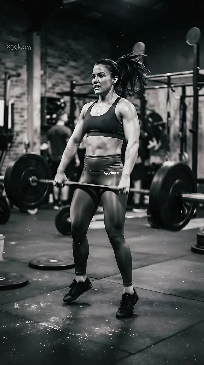 Woman standing over a loaded barbell in a dimly lit gym, ready to lift.