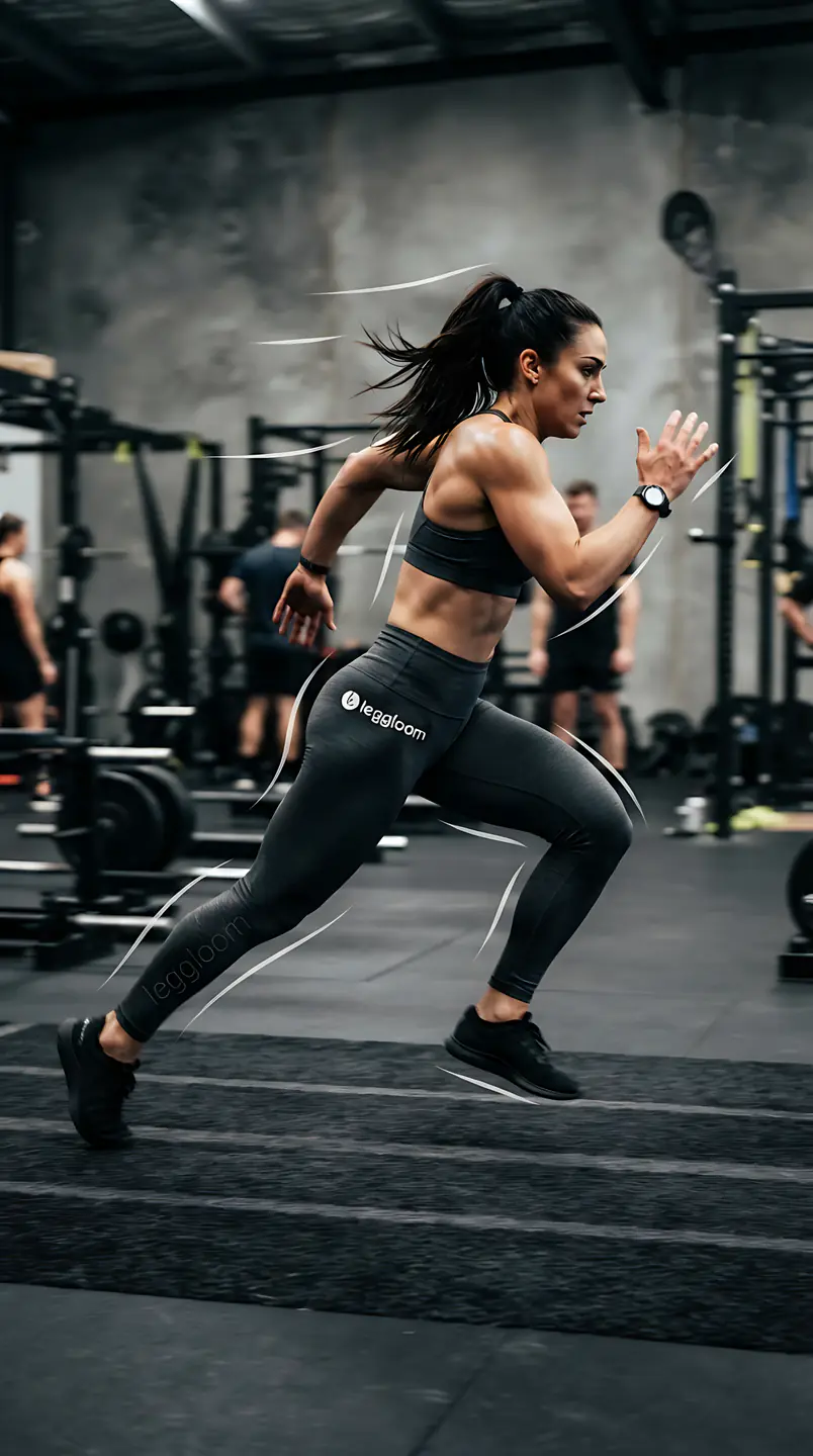 Woman performing a walking lunge with dumbbells across a dark, moody gym floor.
