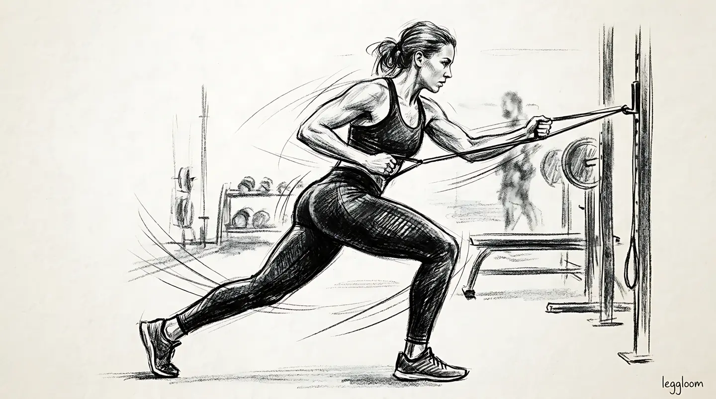Monochrome charcoal sketch of an athlete pulling a cable machine in a gym.