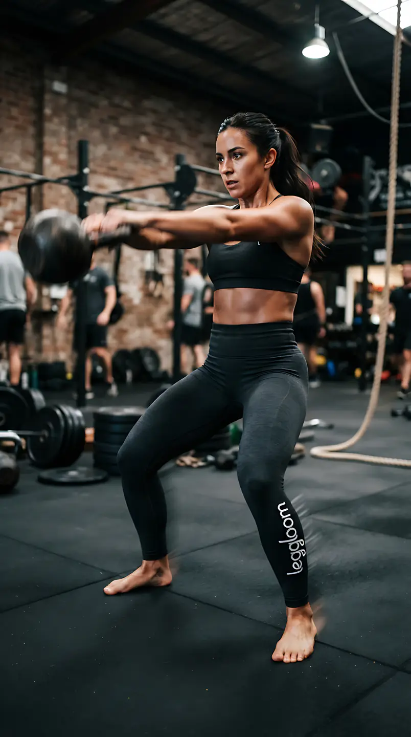 Woman caught mid kettlebell swing inside a dark industrial gym.