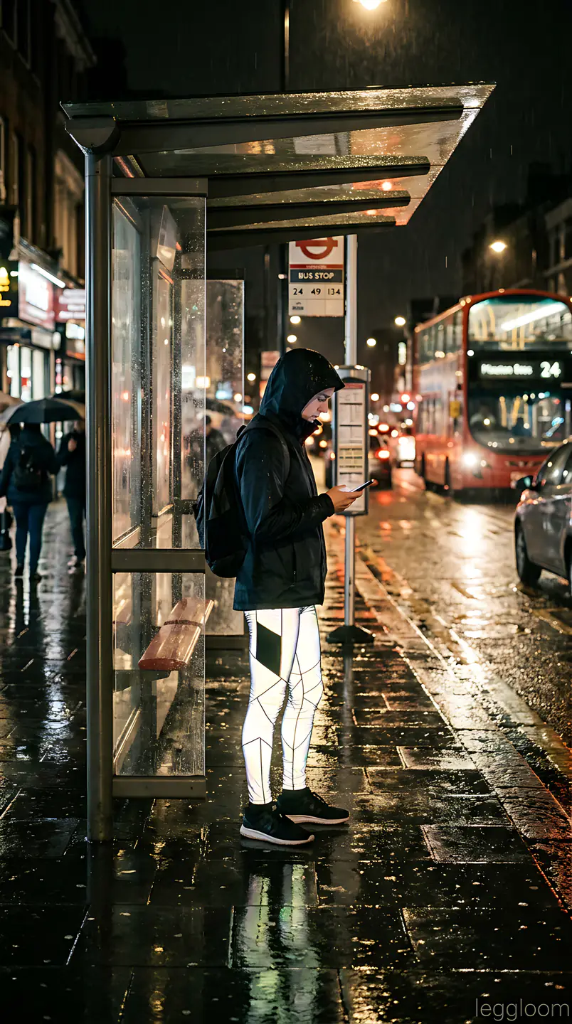 Commuter in a reflective jacket checking a phone at a rainy bus stop at night.