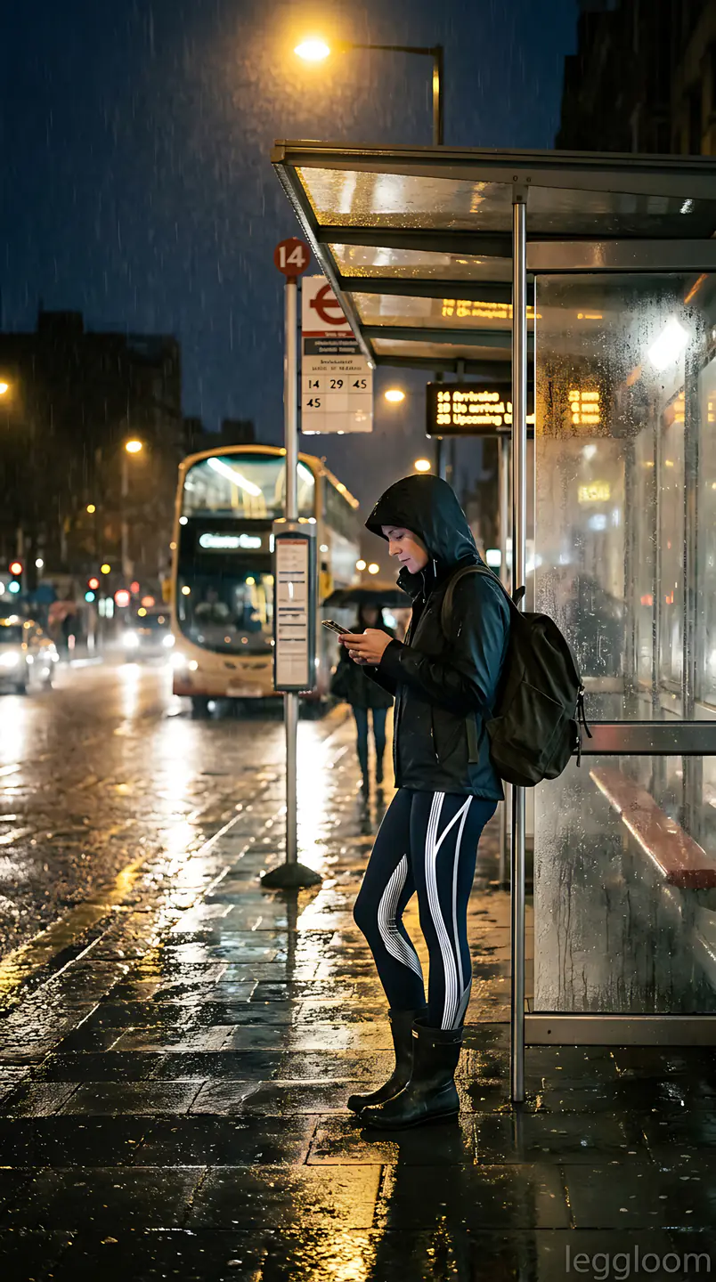 Person standing in a bus shelter on a wet city street at night.
