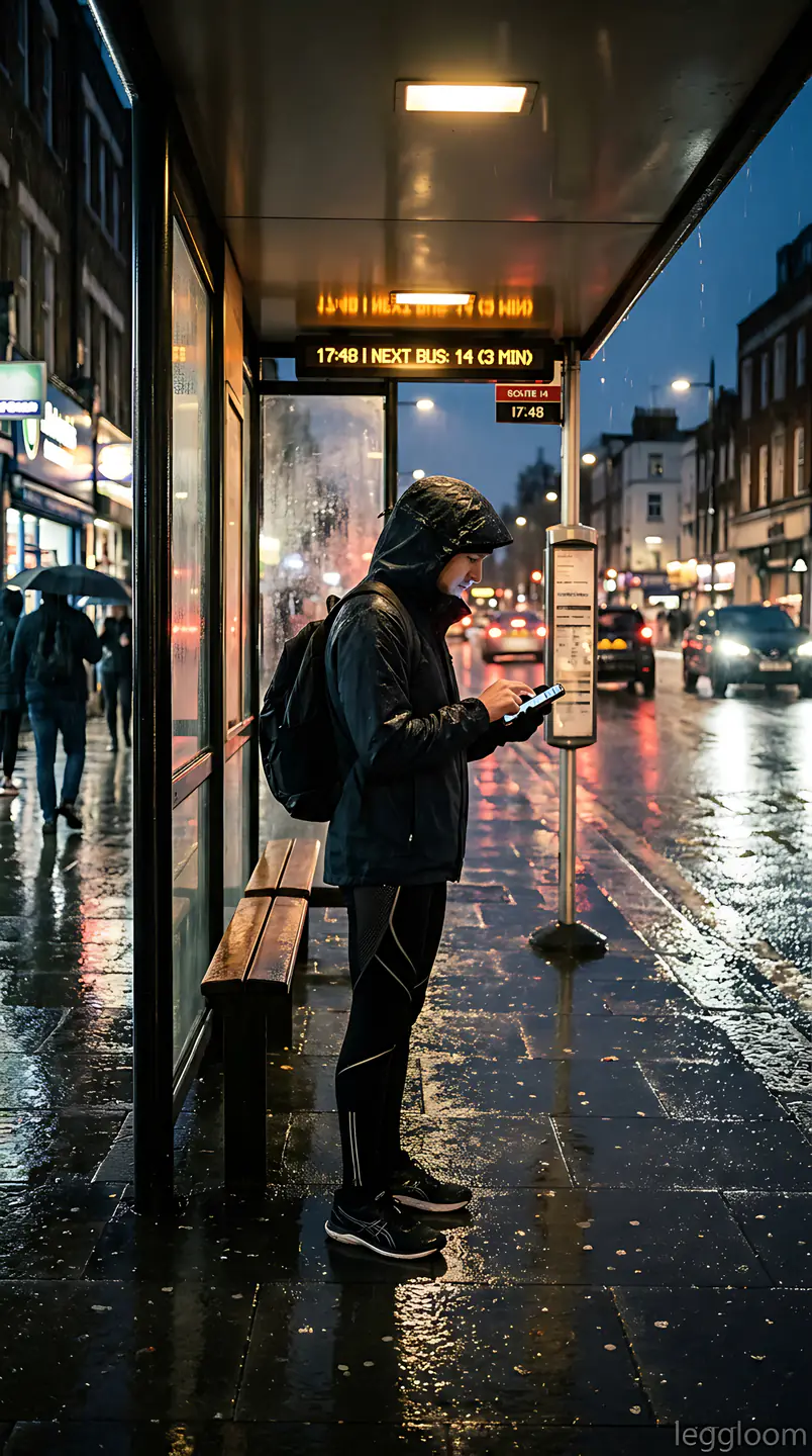 Commuter waiting at a glass bus shelter at night in the rain, looking at a phone.
