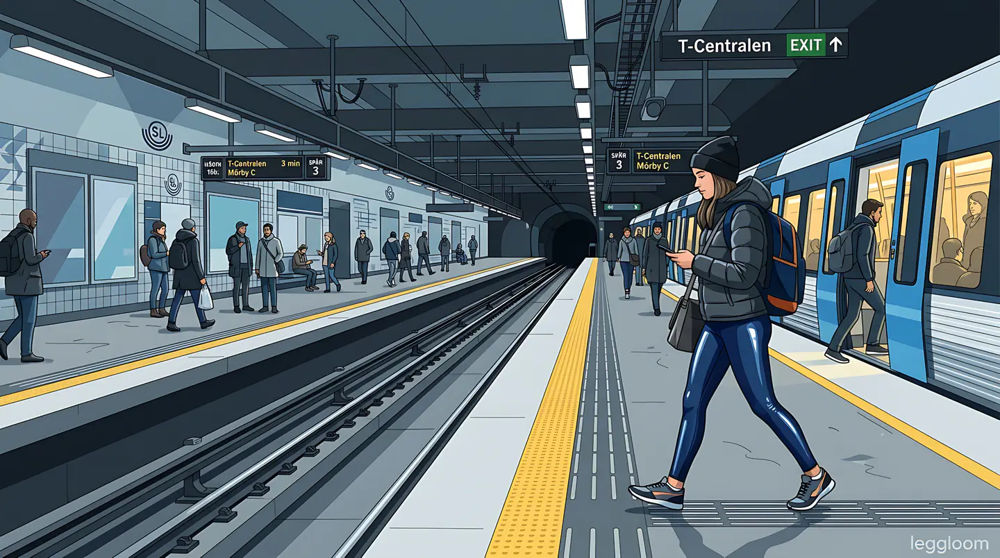 Vector illustration of a commuter walking past a subway exit sign as a train pulls into the station.