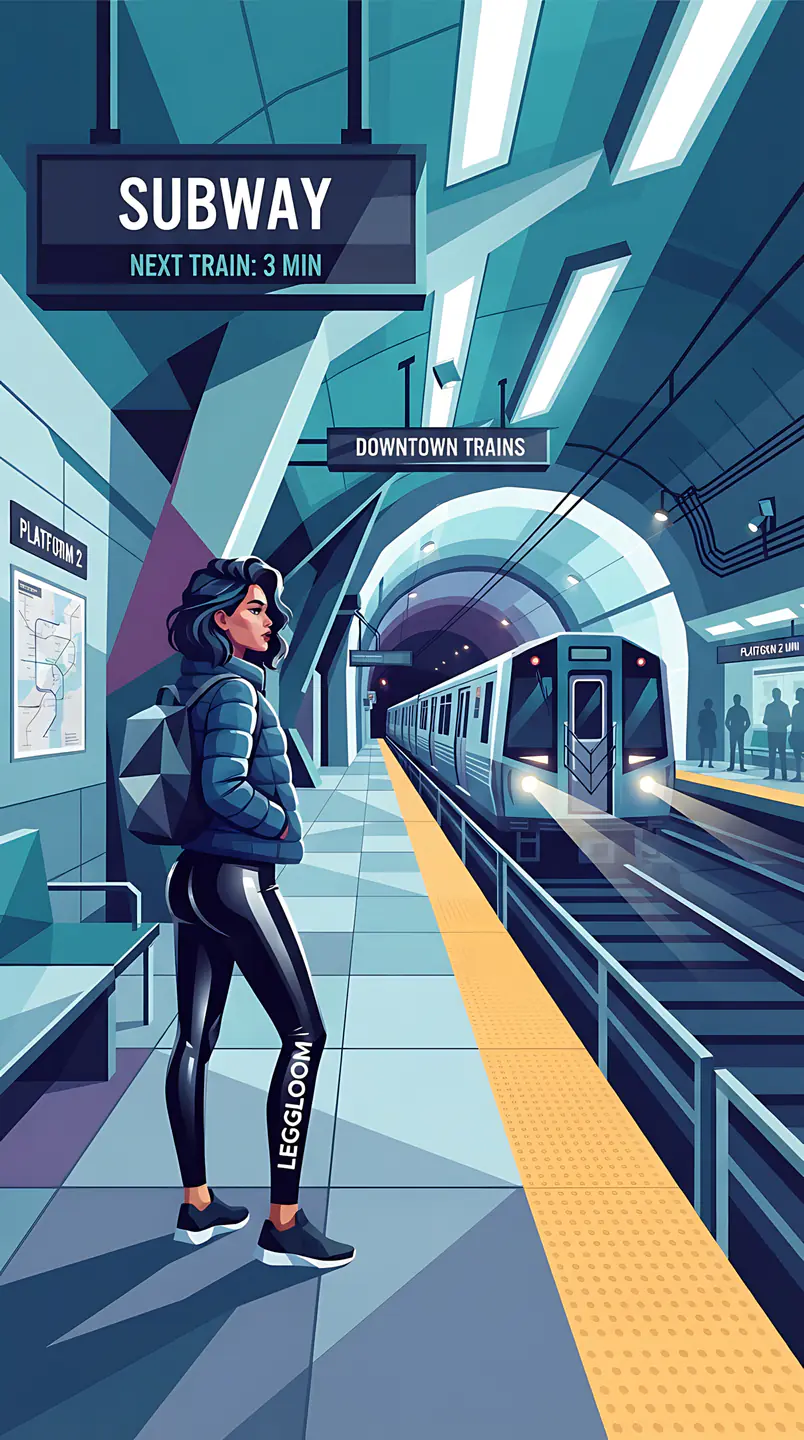 Illustrated commuter reading a phone on a subway platform beside a track sign.