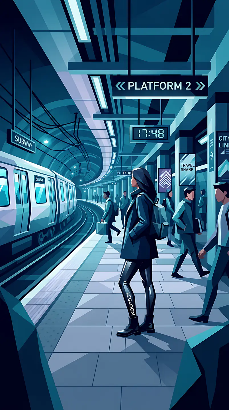 Illustration of people at a busy underground platform as a train stands at the track.