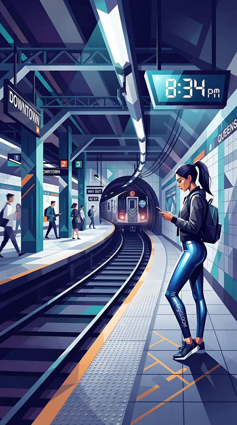 Illustration of two travellers waiting on a subway platform beneath a large digital clock.