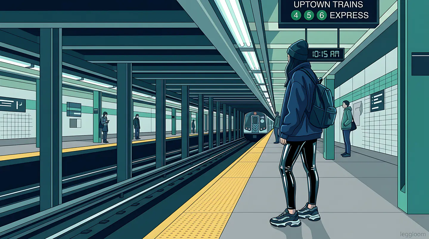 Flat illustration of a backpacked commuter waiting on a subway platform beneath an uptown express sign.