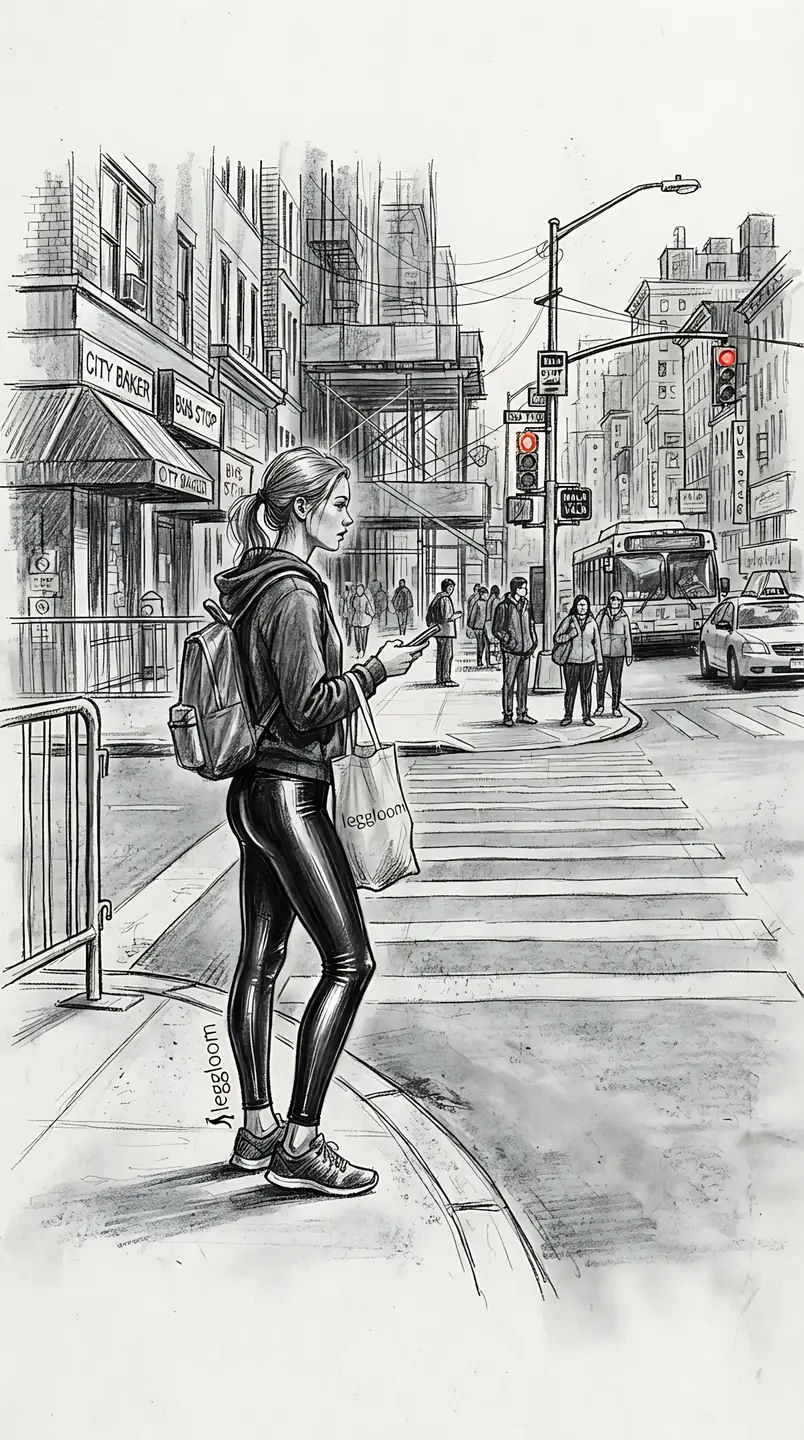 Pencil drawing of a person at a crosswalk on a busy avenue.