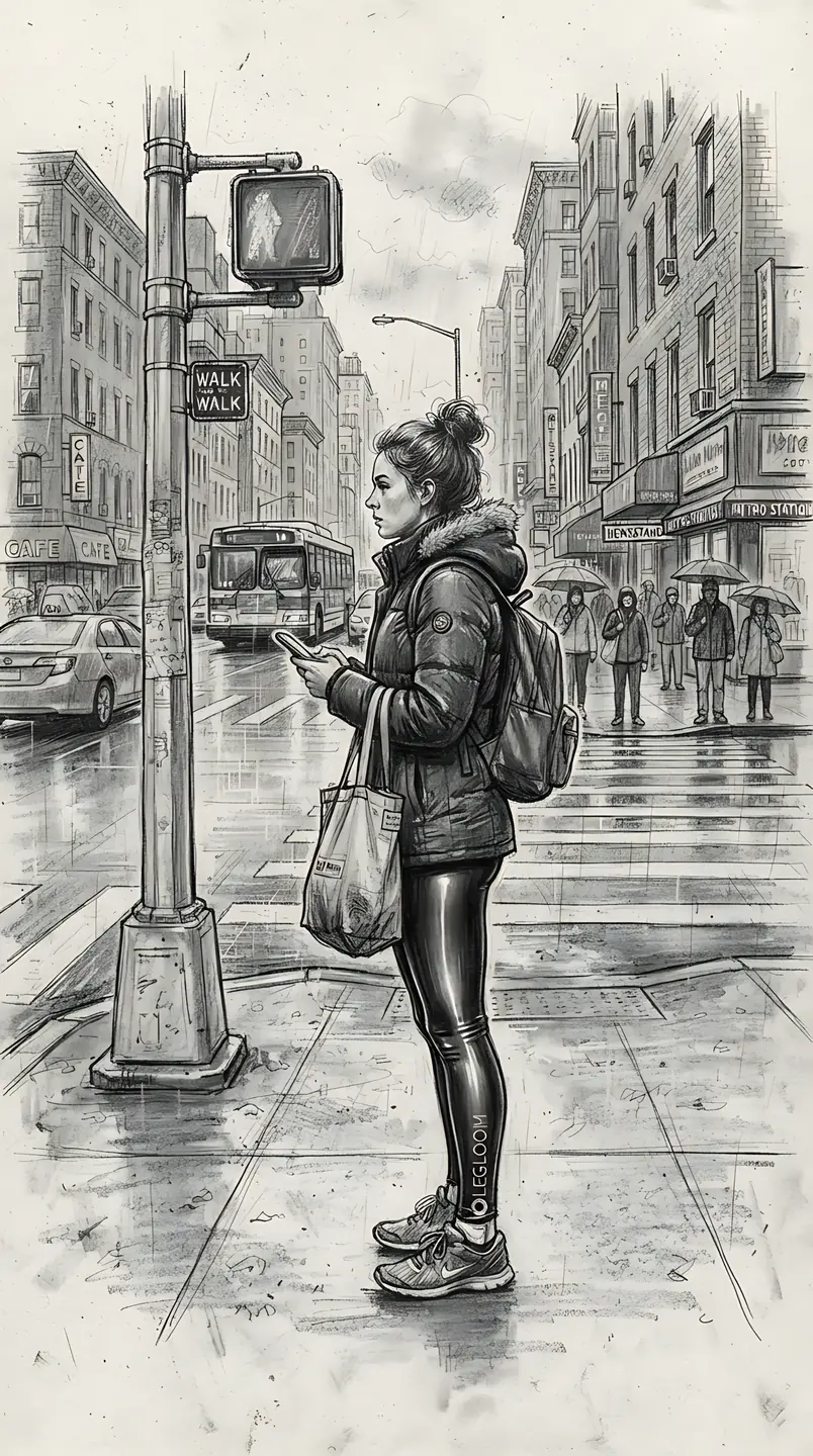 Monochrome street sketch of a pedestrian waiting at a crossing with a bag.