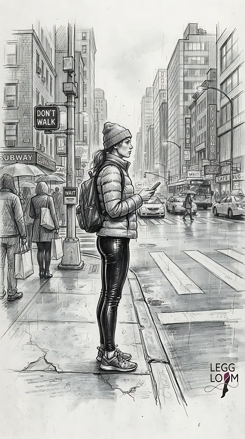 Pencil sketch of a pedestrian crossing a city street between taxis.