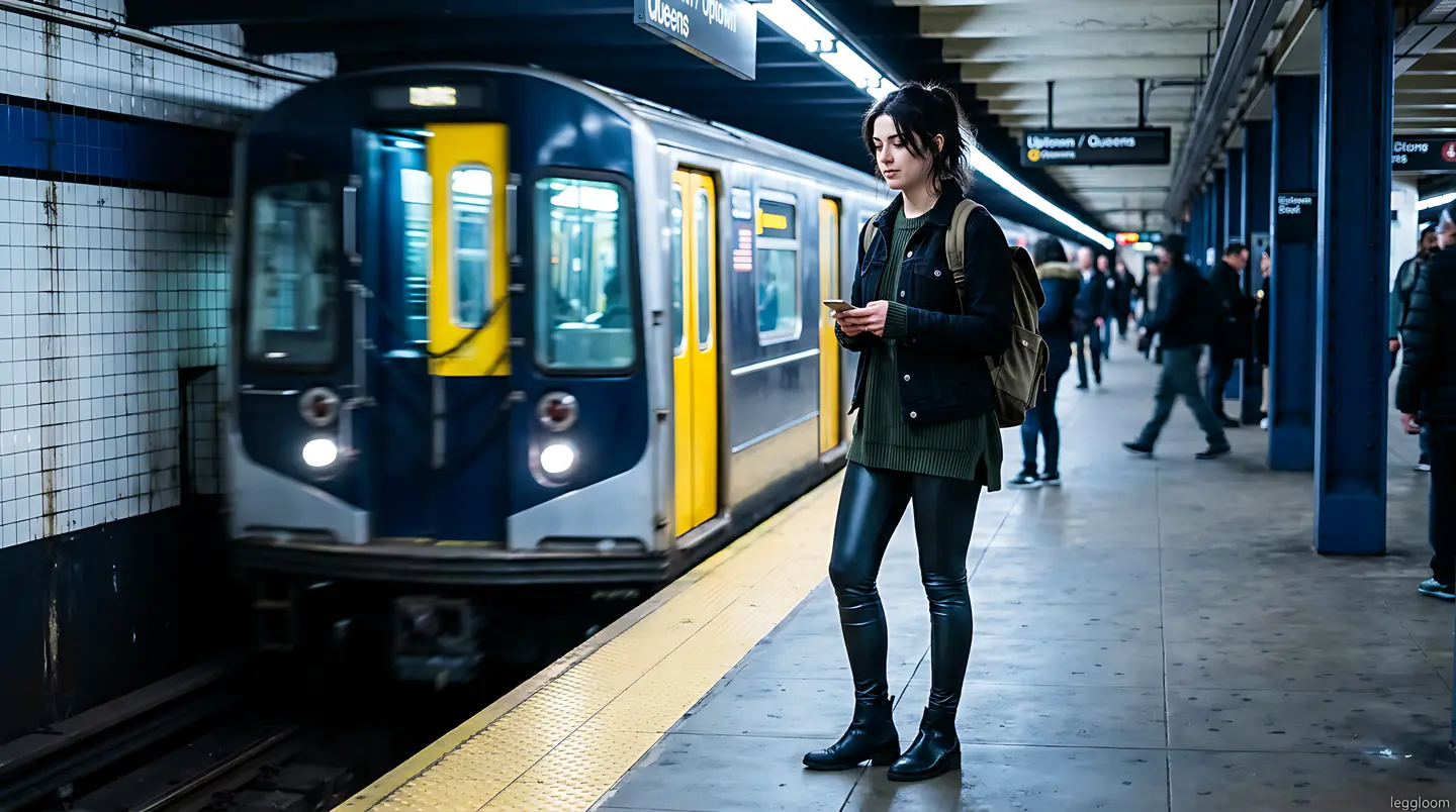 Woman in a dark jacket and leggings standing on a platform as a commuter train arrives.