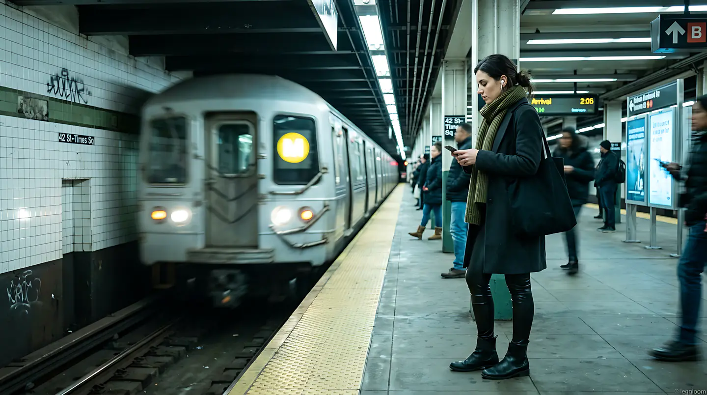 Commuter checking a phone on a station platform as a subway train pulls in with motion blur.