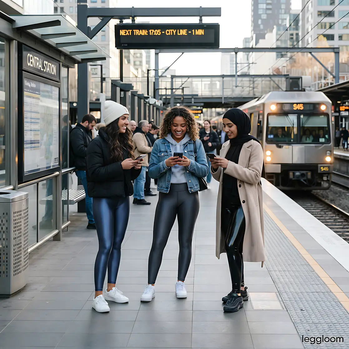 Group of women chatting on a station platform as a train arrives.