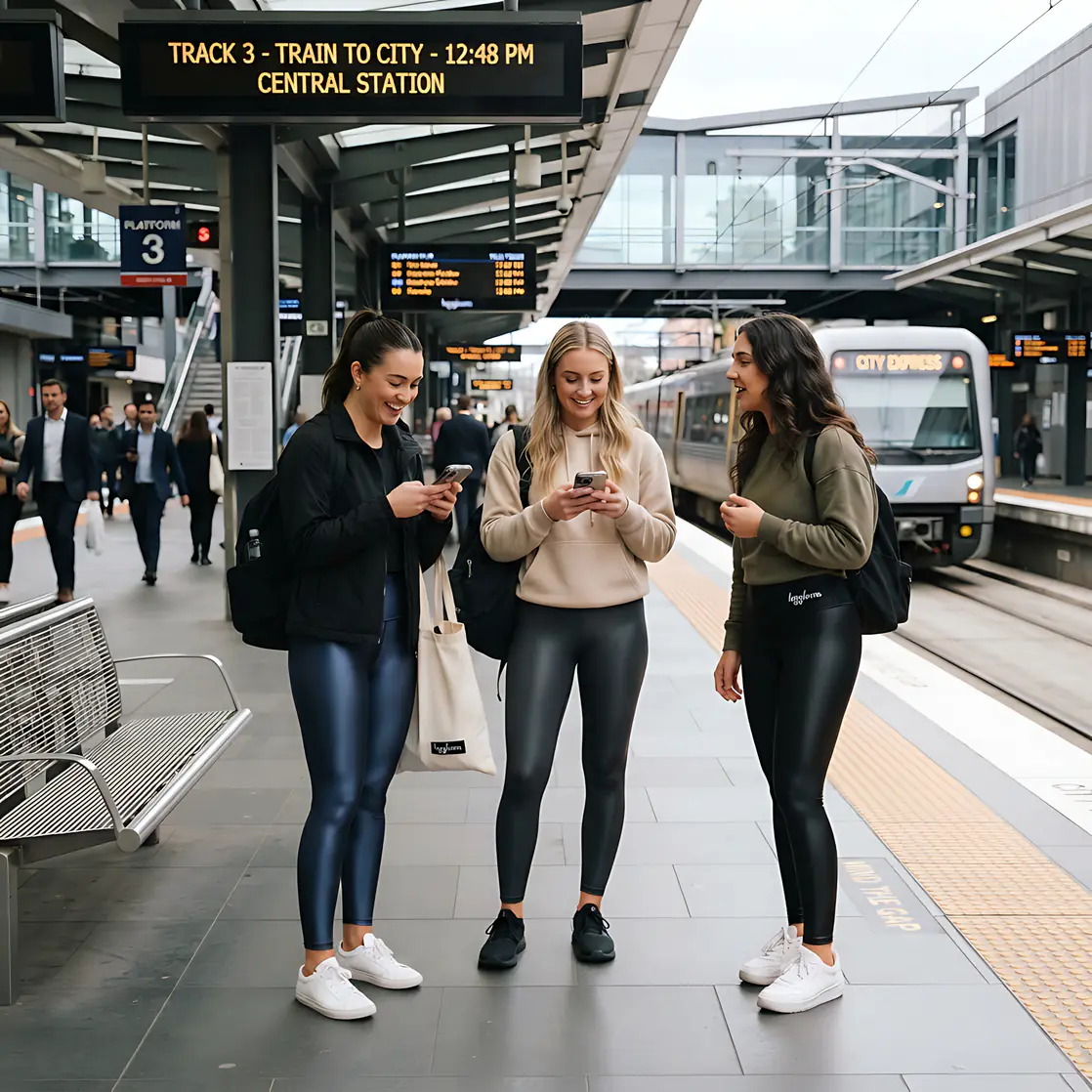 Three women waiting together on a bright train platform.