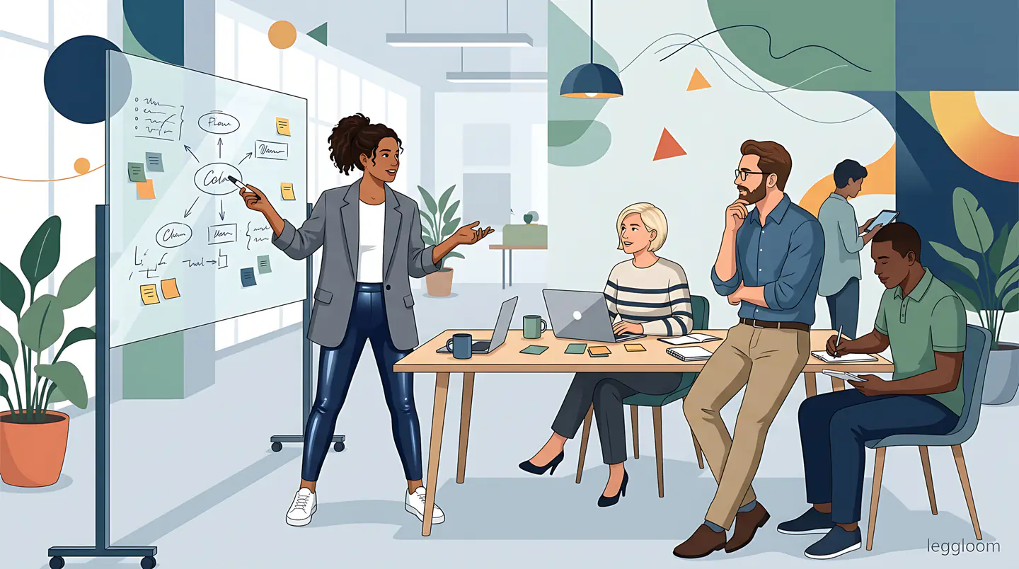 Flat illustration of two coworkers mapping ideas on a whiteboard filled with notes and diagrams.
