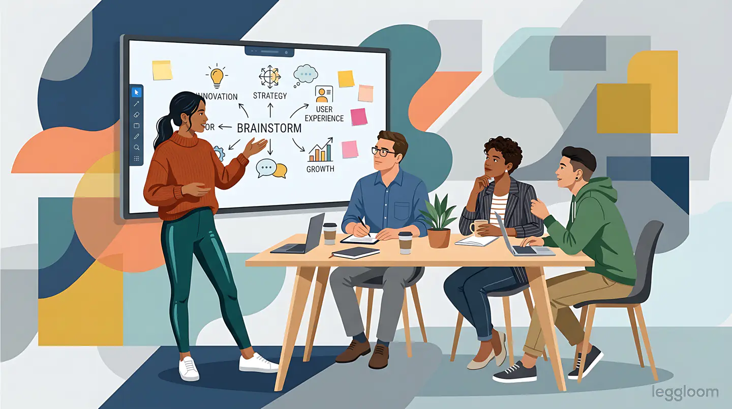 Flat illustration of a diverse team brainstorming around a table in front of a whiteboard covered in sticky notes.