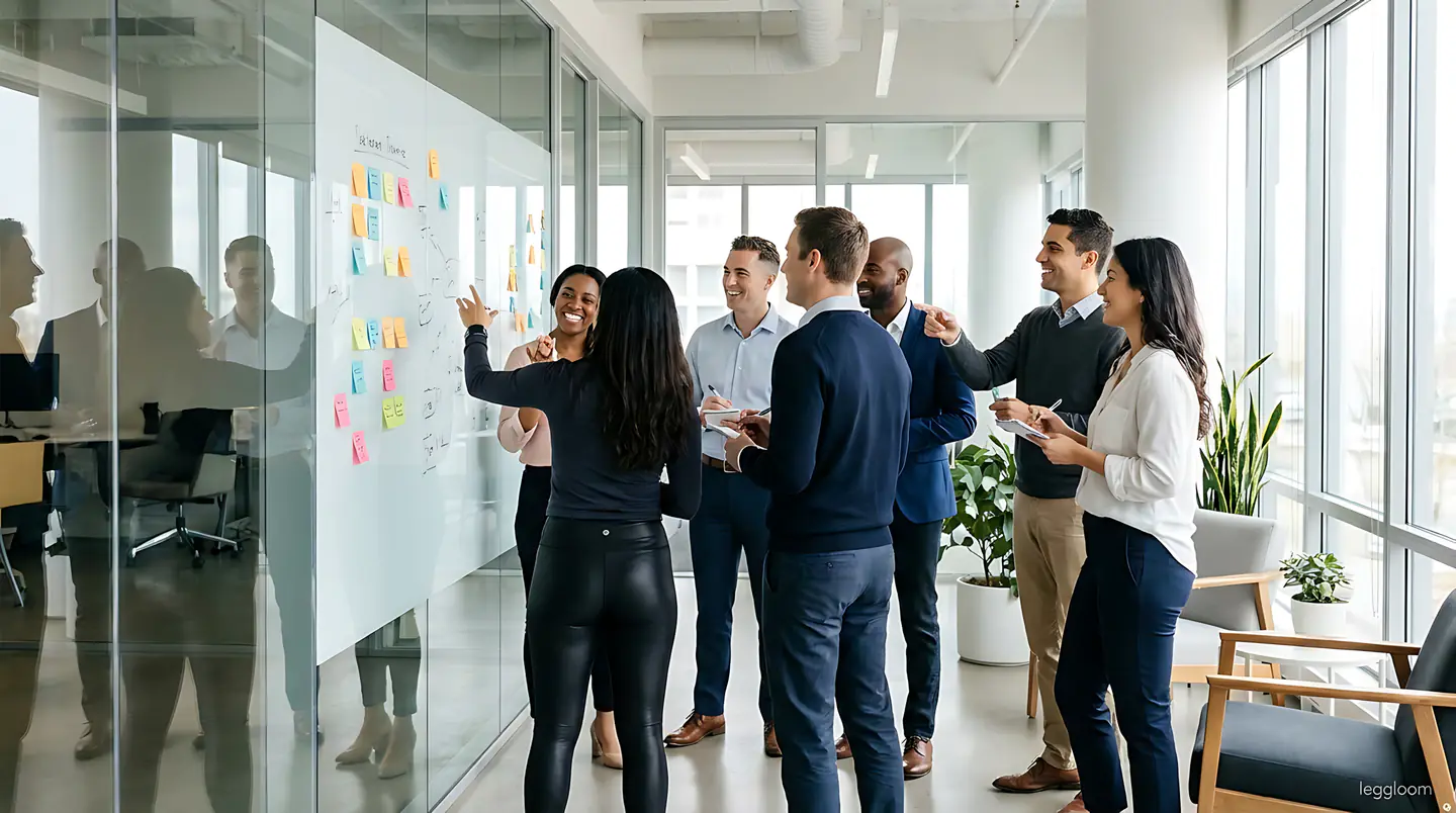 Office team standing at a whiteboard covered in sticky notes, mid discussion.