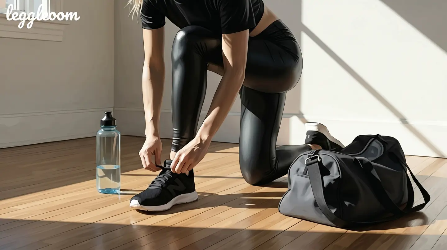 Person sitting on a studio floor beside a kit bag and water bottle.