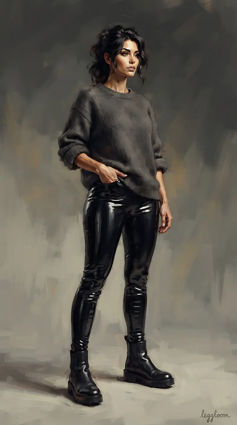 Painterly study of a woman in a sweater and latex leggings.