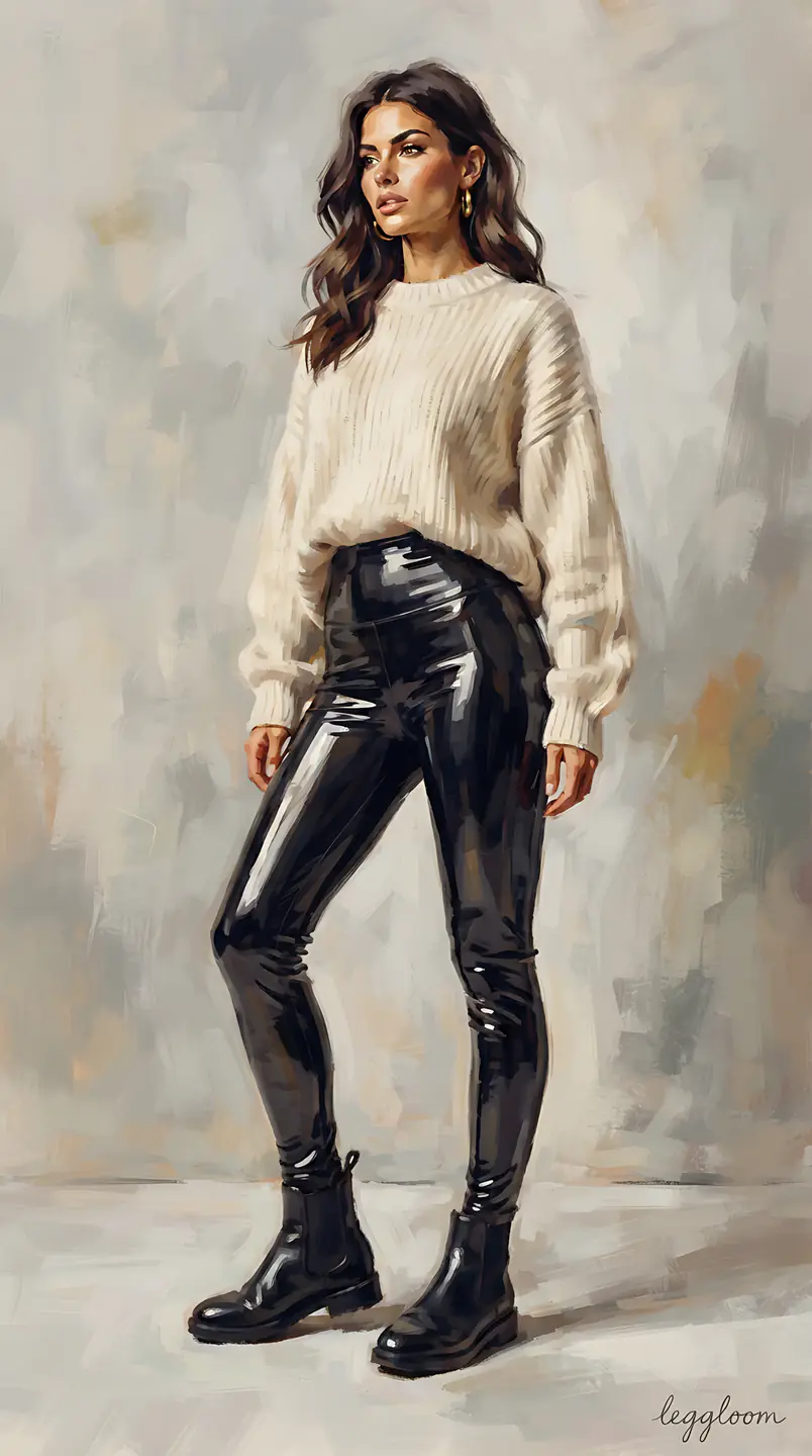 Painting of a woman in a chunky knit sweater and leather leggings.