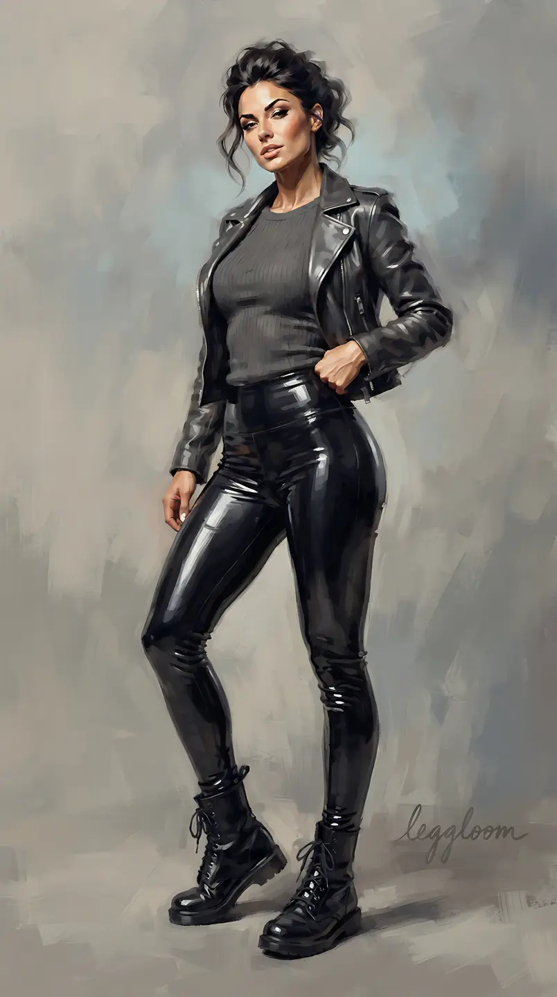 Digital painting of a woman standing in latex leggings.