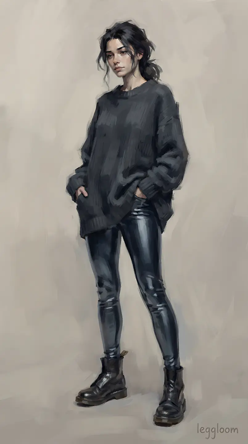 Digital painting of a woman in a dark outfit and leather leggings.
