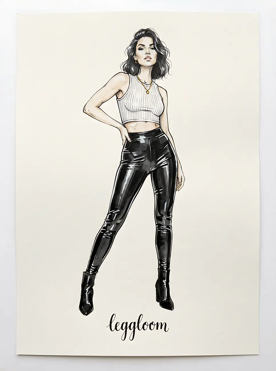Illustration of a figure in latex leggings on a plain ground.