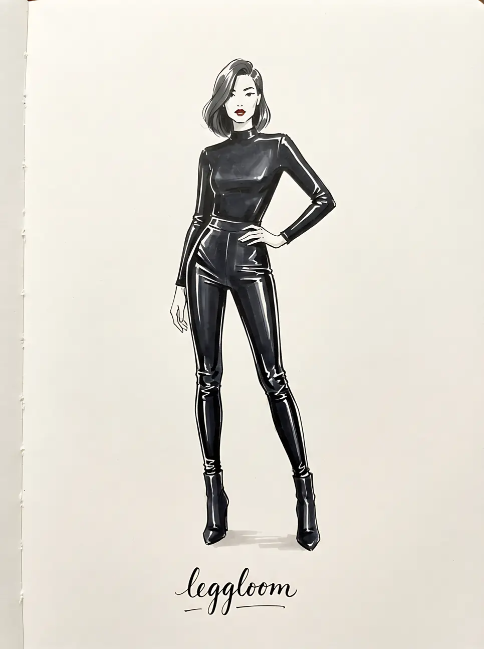 Illustration of a woman posing in latex leggings.