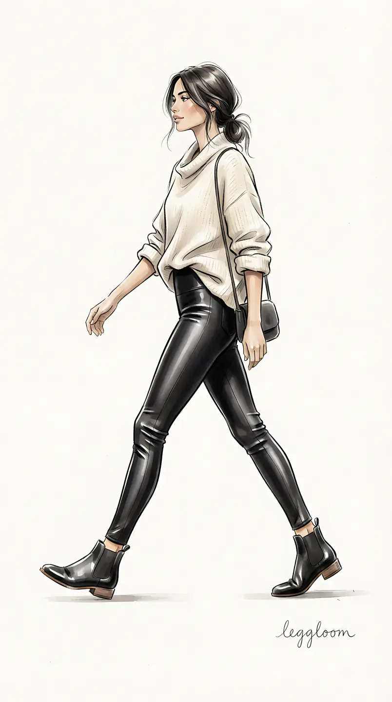 Sketch of a woman walking in leather leggings.