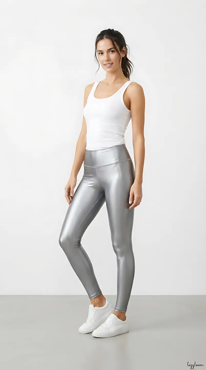 Studio study of a woman in metallic leggings.