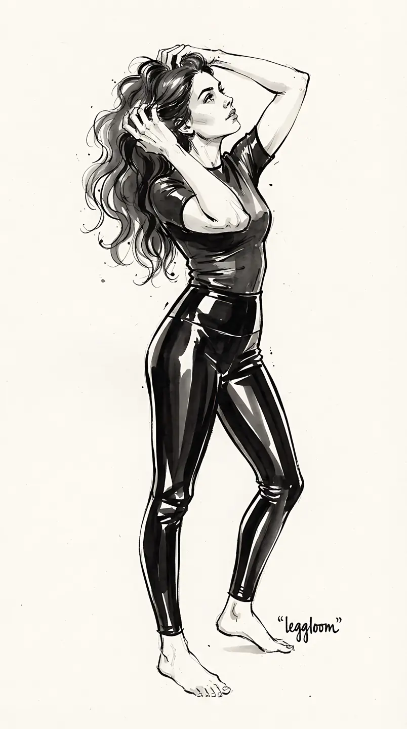 Full-figure illustration of a woman adjusting her hair.