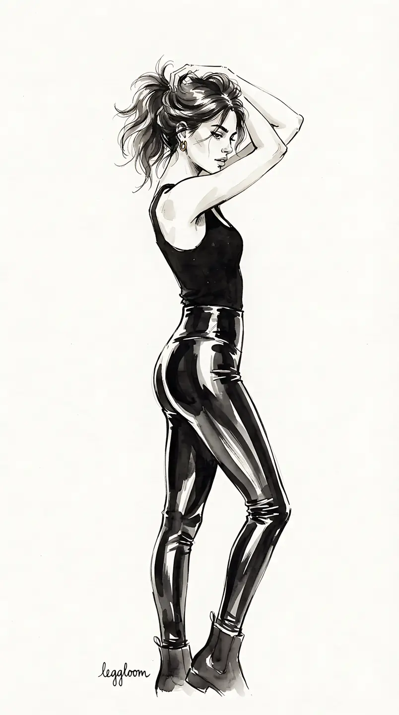 Illustration of a figure in a bodysuit adjusting her hair.
