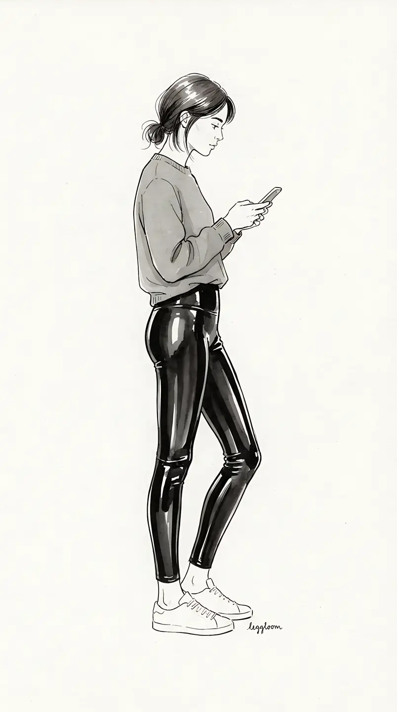 Illustration of a woman in leggings checking her phone in profile.