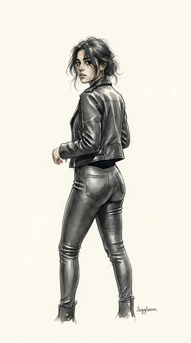 Illustration of a woman in leather leggings glancing over her shoulder.