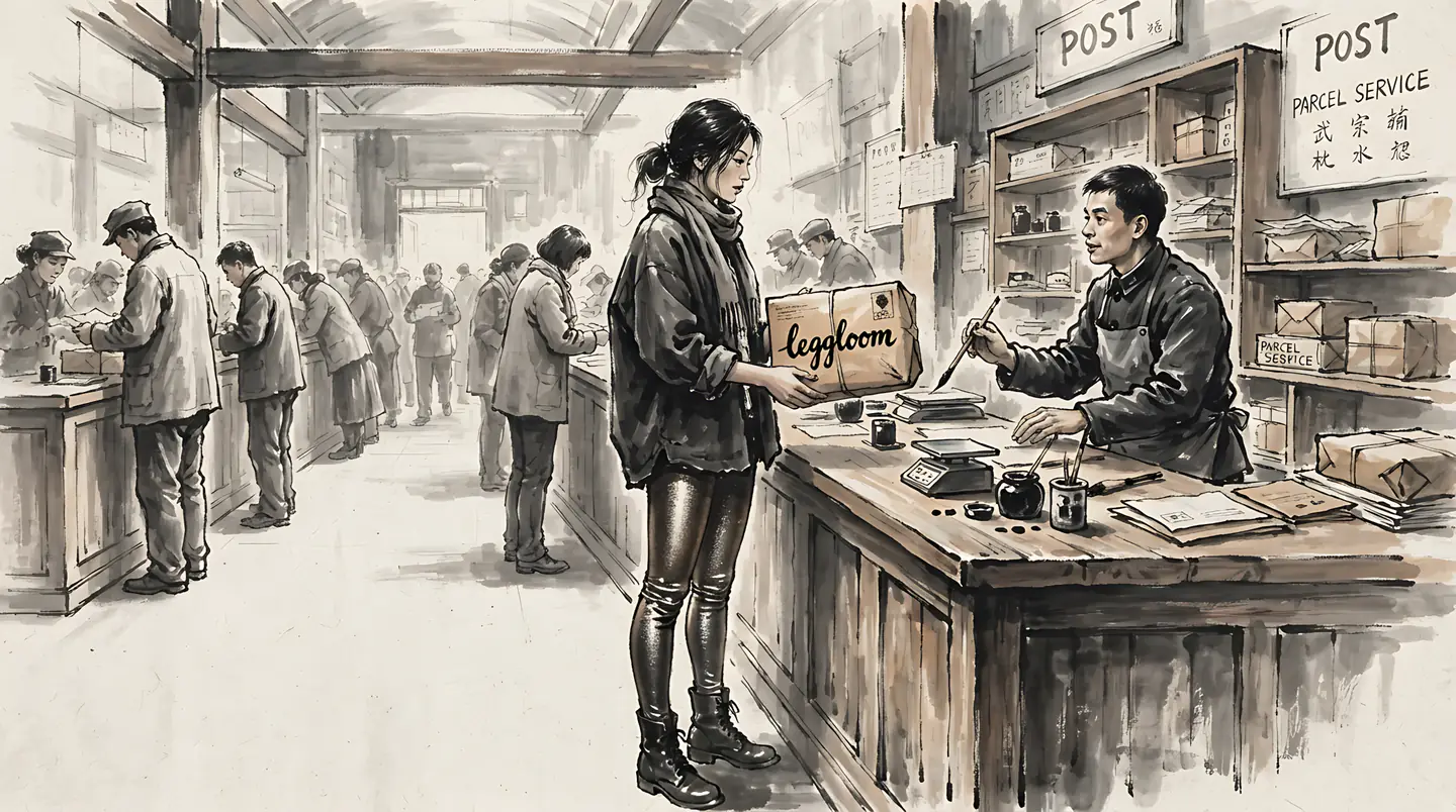Sketch of a busy post office interior with customers at the counter.