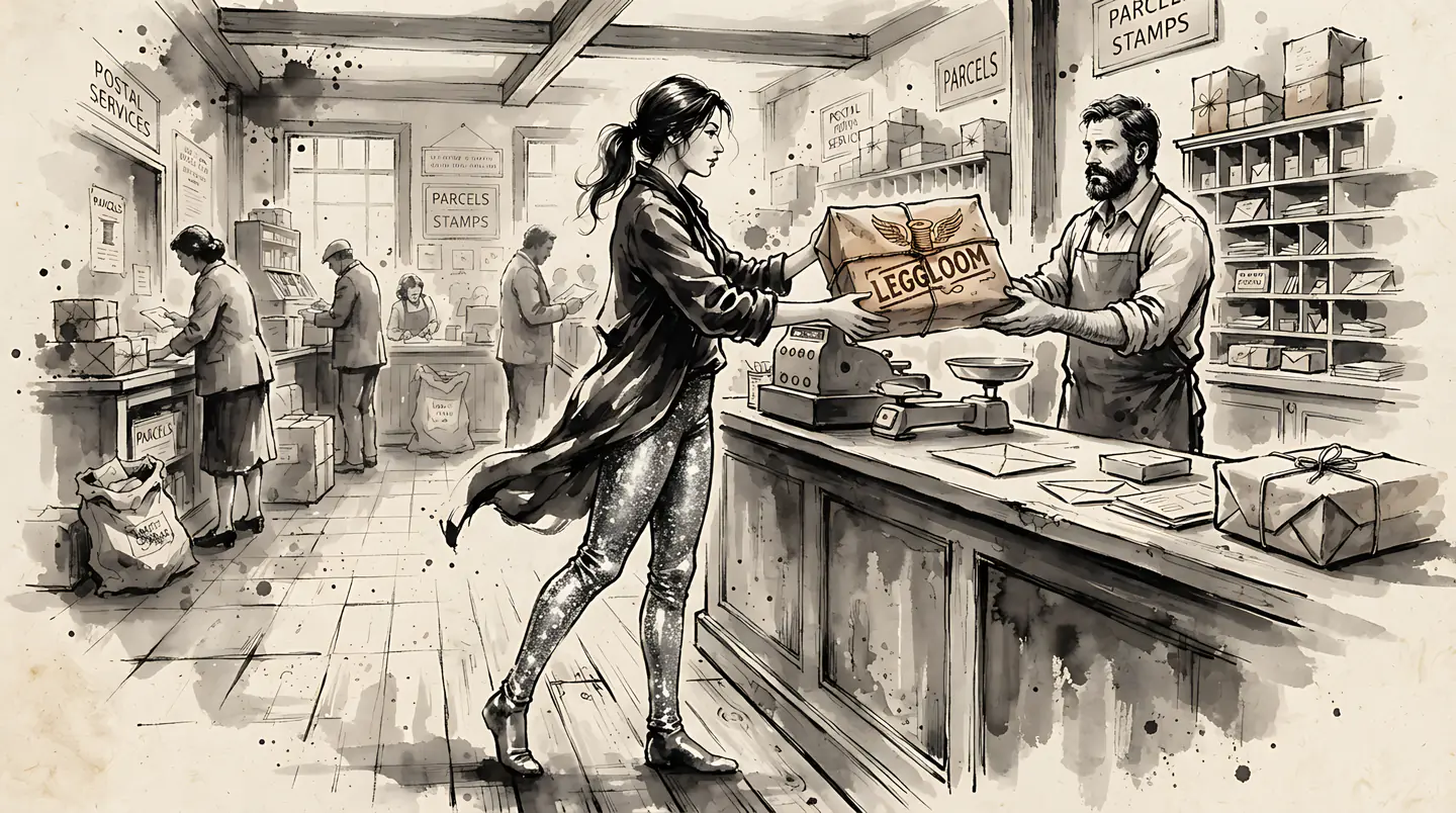 Sketch of a woman handing over a parcel at a post office counter.