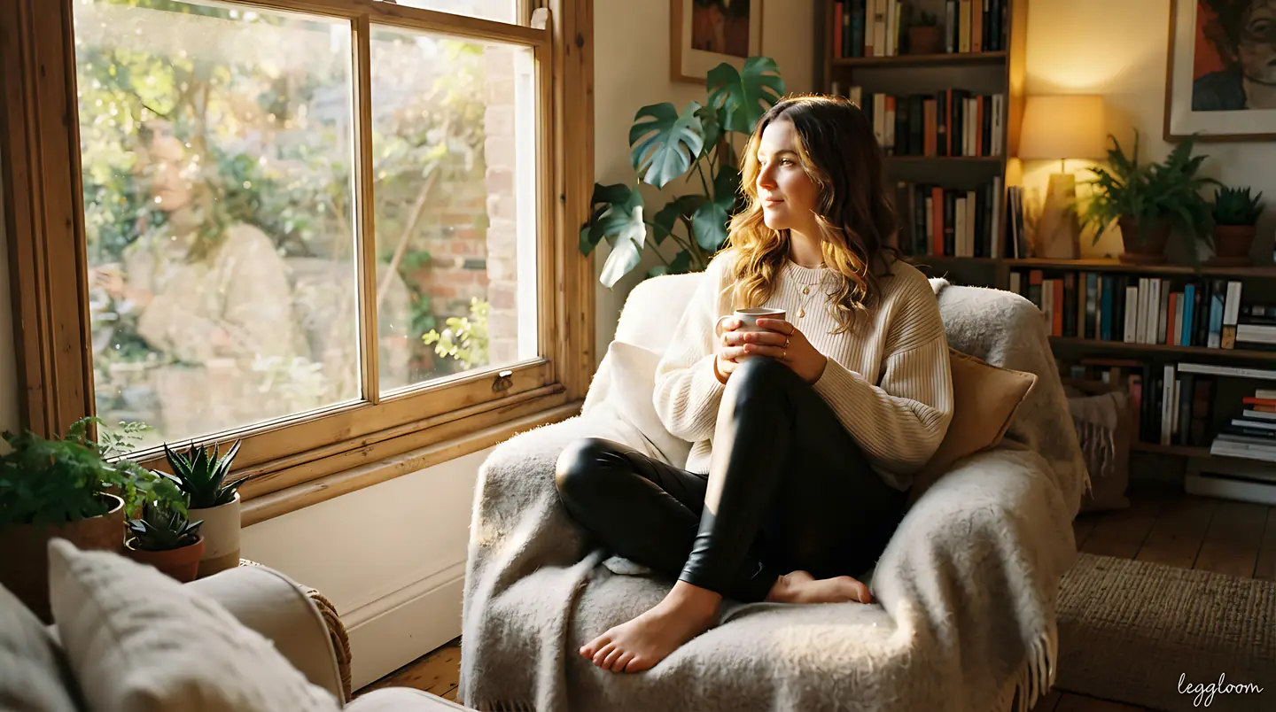 Warm illustration of a woman working on a laptop by a window.