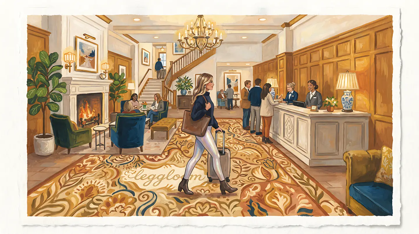 Illustration of a chandelier-lit hotel lobby with guests.