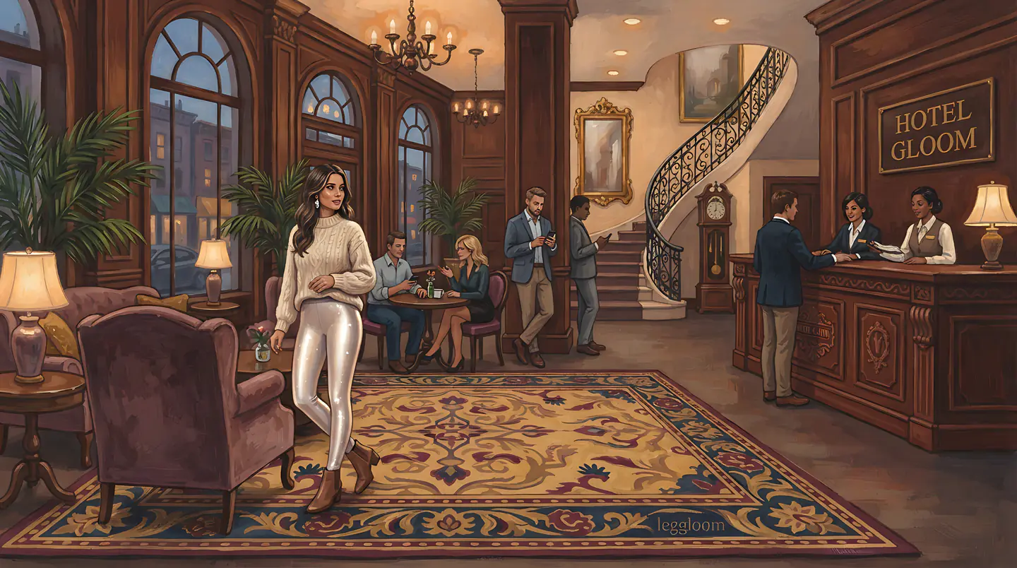 Illustration of a hotel lobby with guests and a concierge desk.