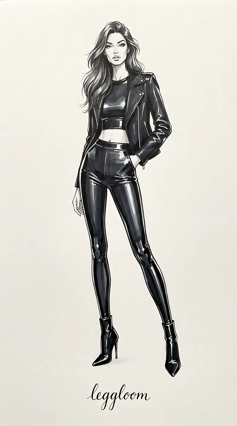 Illustration of a woman in leather leggings standing.