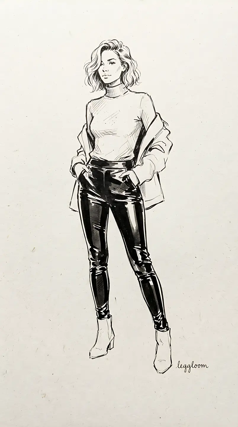 Sketch of a woman standing in leather leggings.