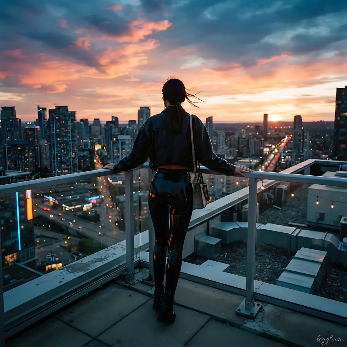 Woman on a rooftop terrace as the city lights come on.
