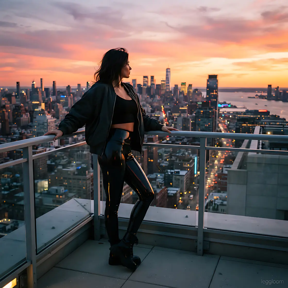 Woman leaning on a rooftop railing above the city at dusk.